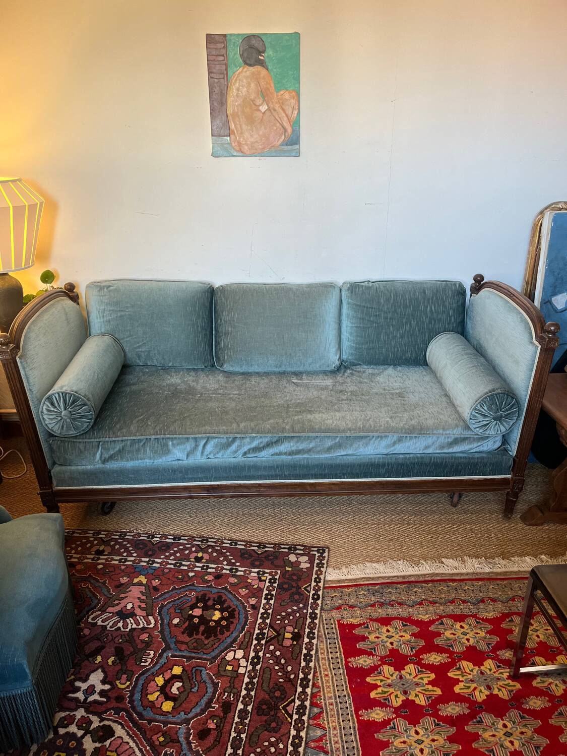 Vintage Louis XVI style blue velvet sofa