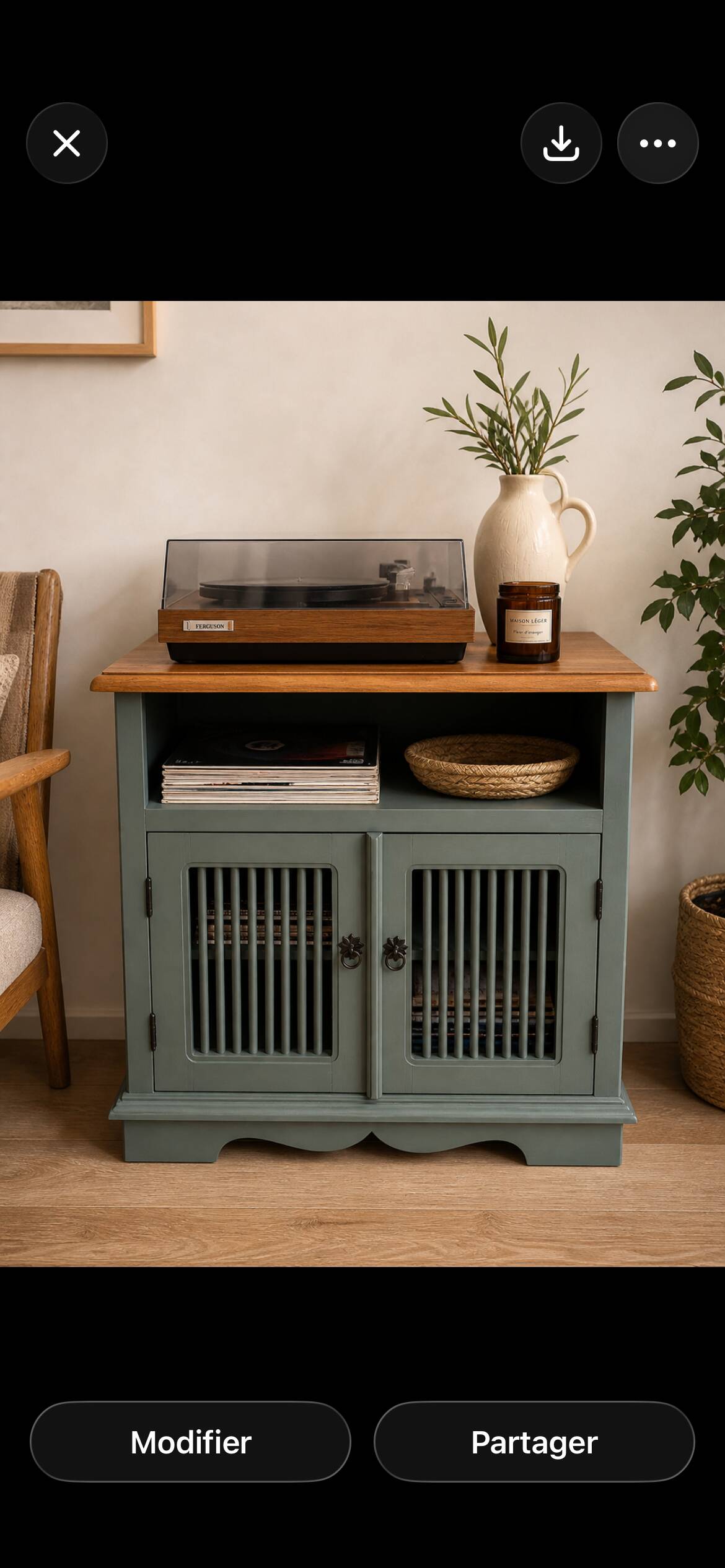 Meuble vintage relooké vert sauge et bois