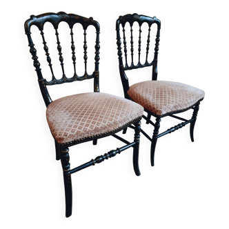 Paire de chaises anciennes Napoléon III en bois noirci et tissu