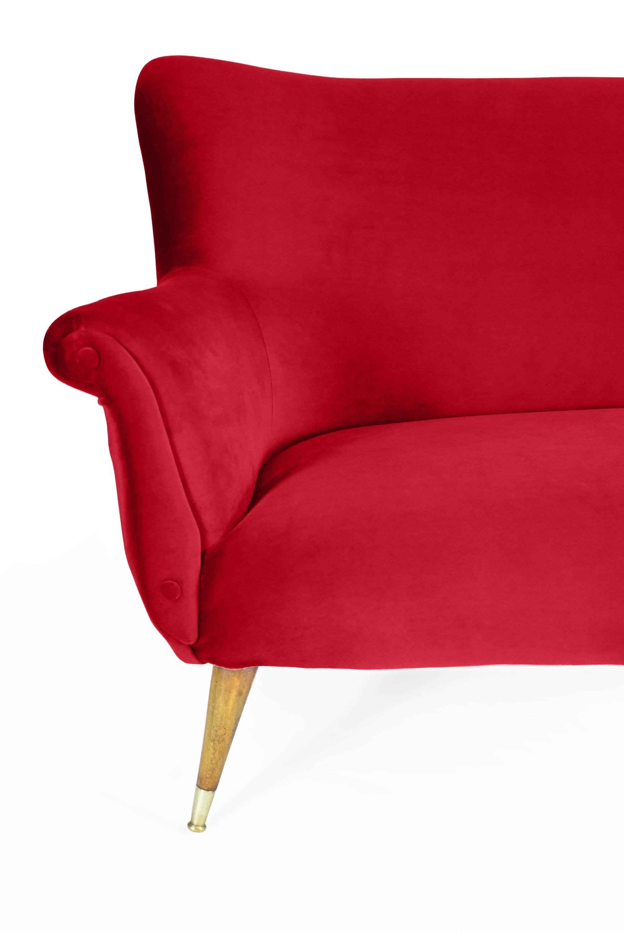 Canapé trois places en velours allemand, années 1960, bordeaux, restauré