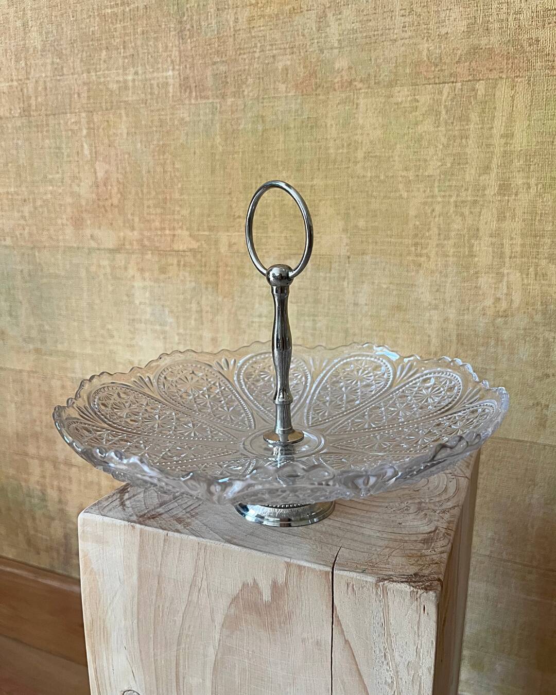 Vintage pressed glass and metal serving tray – 20th century