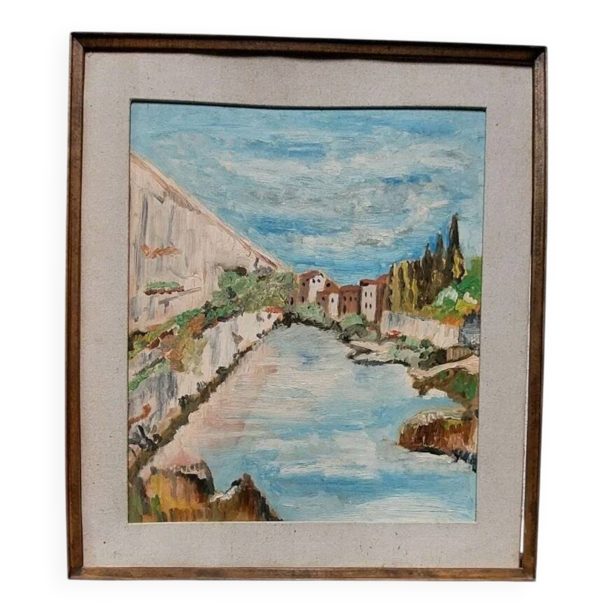 Rare oil painting Giuseppe Serafini view of the Arno Montelupo Fiorentino 1962