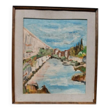 Rare oil painting Giuseppe Serafini view of the Arno Montelupo Fiorentino 1962
