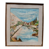 Rare oil painting Giuseppe Serafini view of the Arno Montelupo Fiorentino 1962