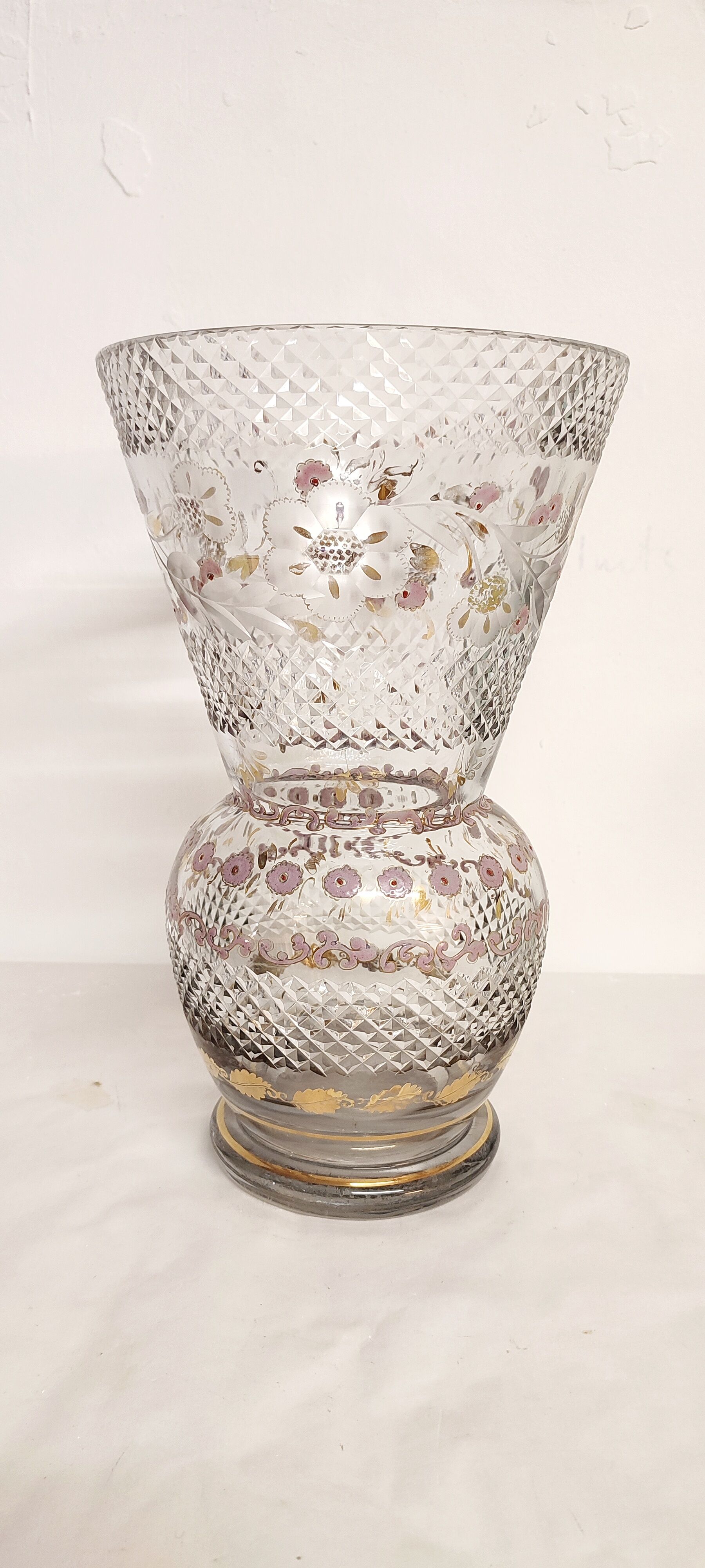 Glass vase carved and painting by hand. France 1940s.