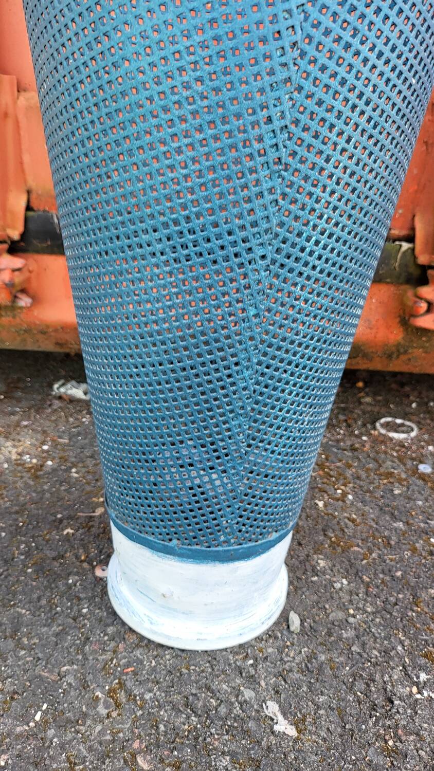 Vintage umbrella stand attributed to Matégot – blue and white openwork metal