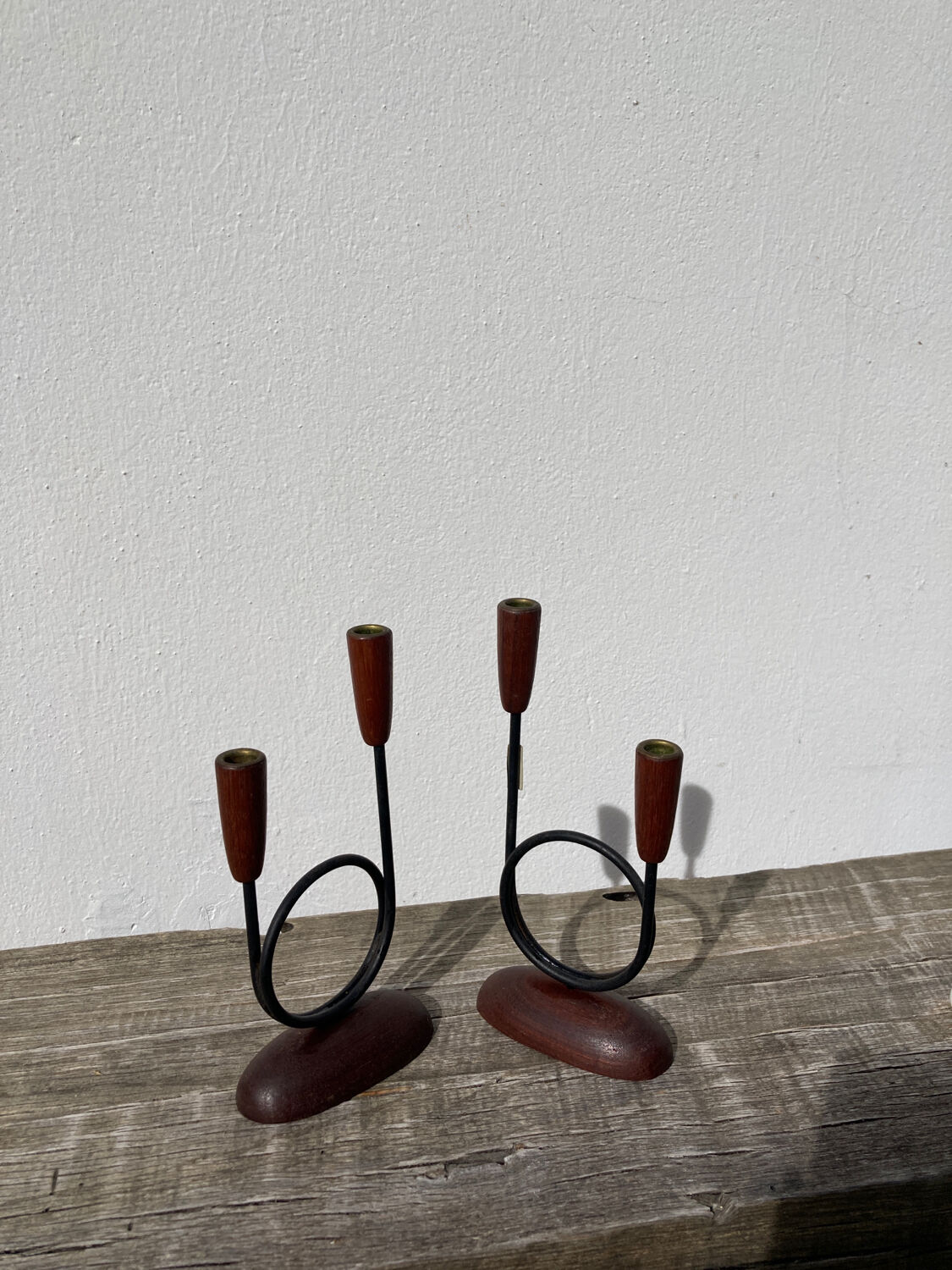 Pair of Scandinavian candlesticks in wood and metal Denmark
