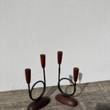 Pair of Scandinavian candlesticks in wood and metal Denmark
