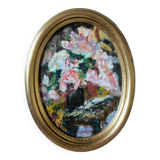 Oil painting flowers framed oval with glass Dany Laure artist painter Paris 16th