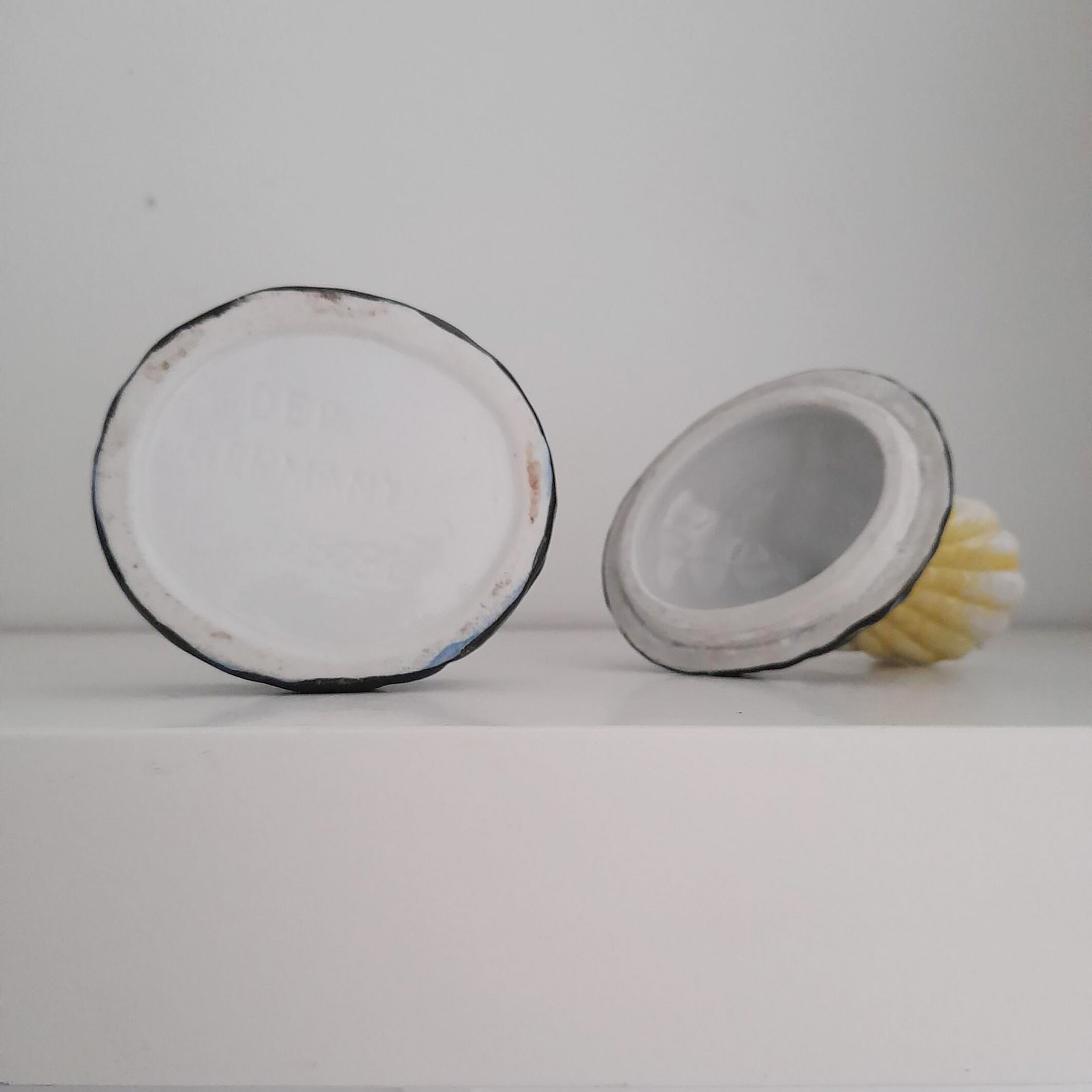 Powder box or jewelry porcelain lady blue crinoline and fan