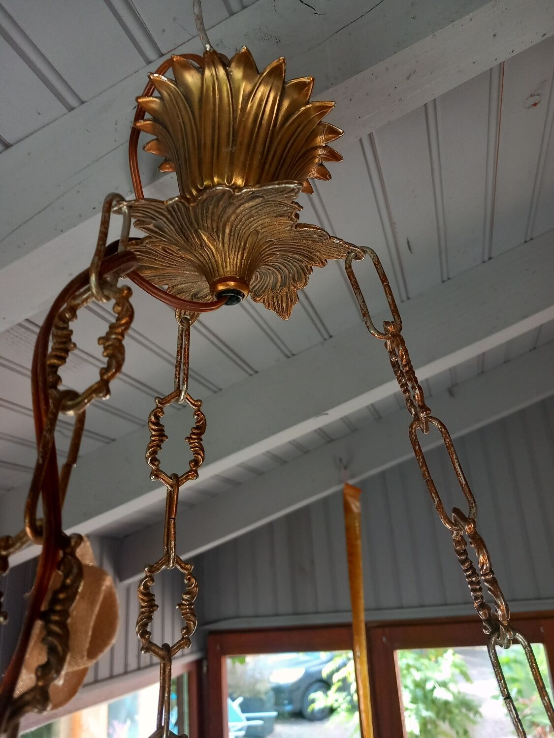Old white opaline chandelier, brass and earthenware