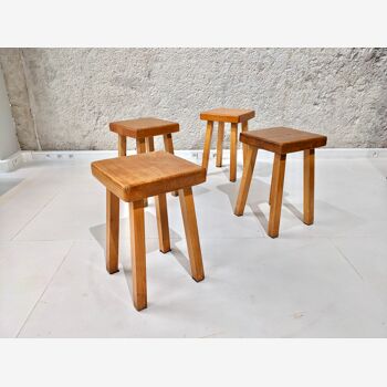 Set of 4 pine wood stools by Charlotte Perriand for Les Arcs 1800