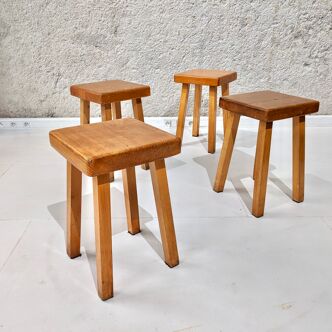 Set of 4 pine wood stools by Charlotte Perriand for Les Arcs 1800