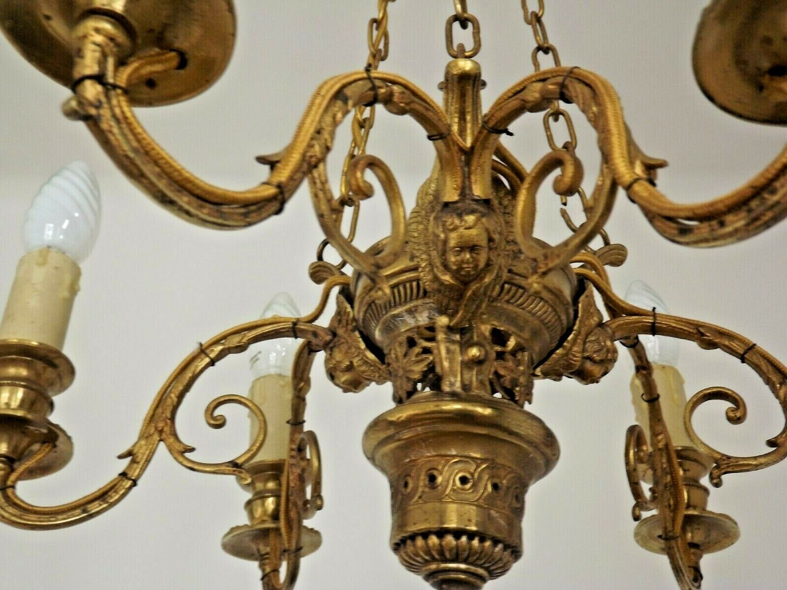 French victorian brass 6 light cherub chandelier with floral decoration