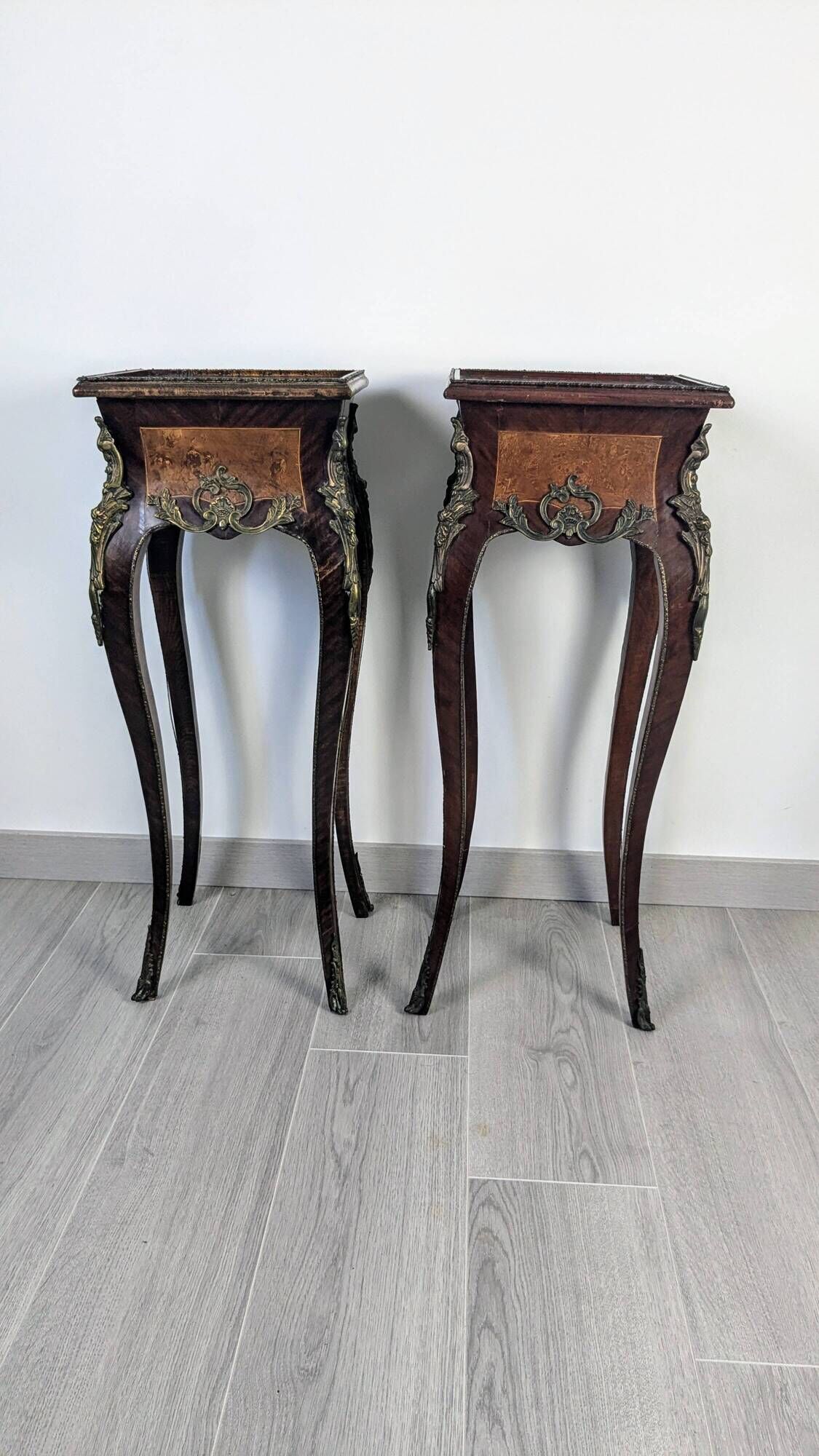 Pair of Louis XV bedside tables with marquetry and gilded bronzes