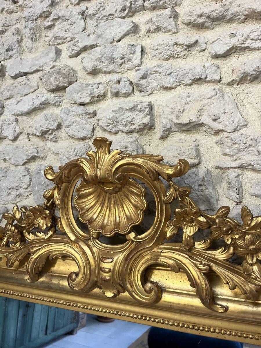 Antique Louis-Philippe mirror with a pediment, 160/93cm, gilded with gold leaf, mercury glass.