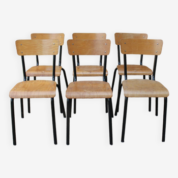 6 chaises d'école en métal noir et bois