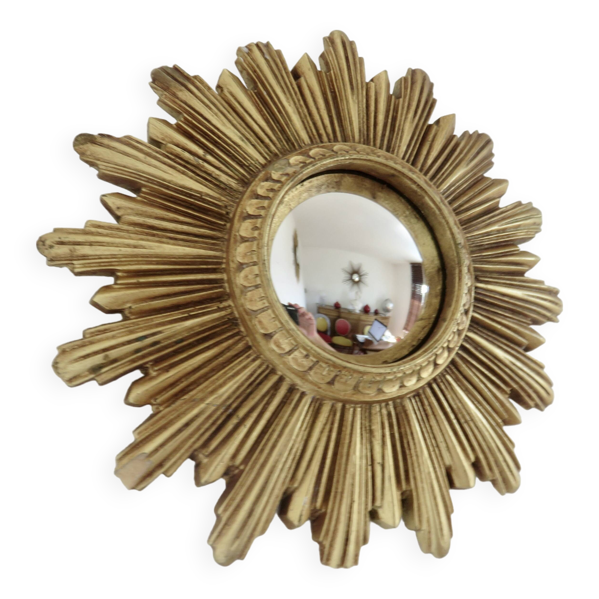 Old small golden sun mirror, witch's eye, curved, 60s-70s.