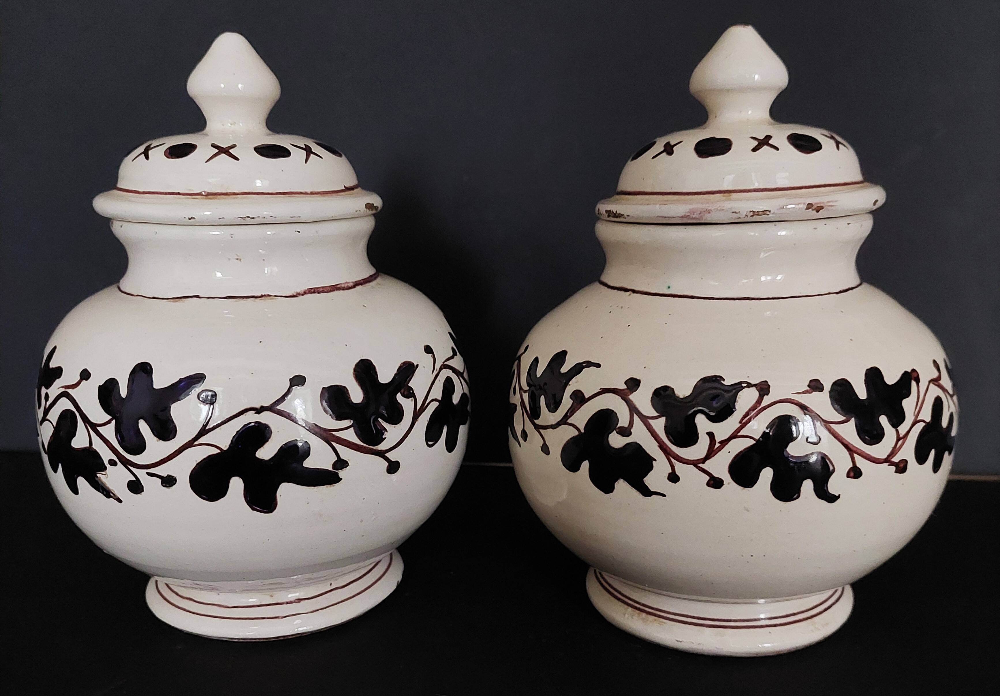 Pair of covered earthenware pots Italy Castelli 18th century
