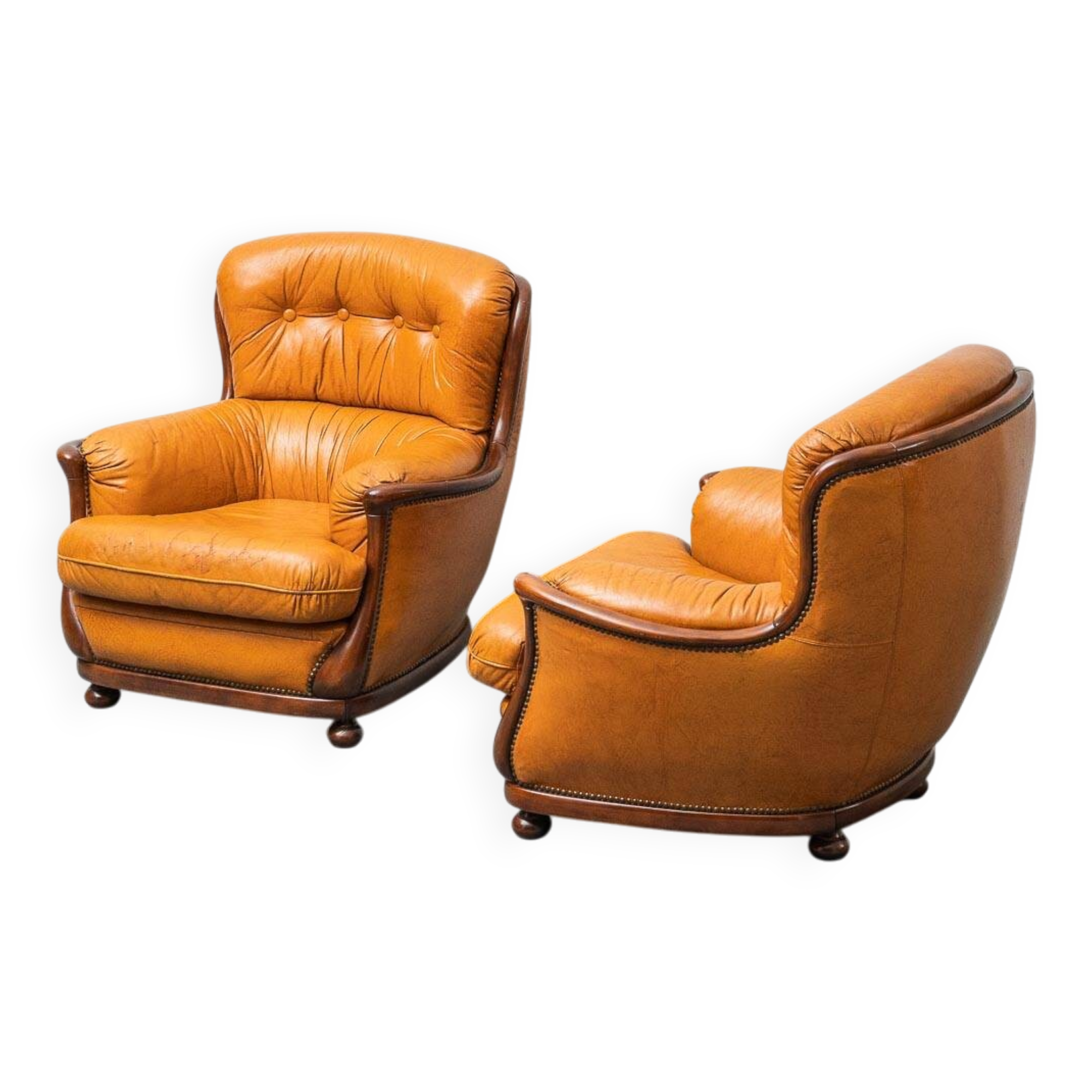 Pair of leather and wood armchairs 1950s vintage modernism