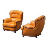 Pair of leather and wood armchairs 1950s vintage modernism