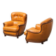 Pair of leather and wood armchairs 1950s vintage modernism