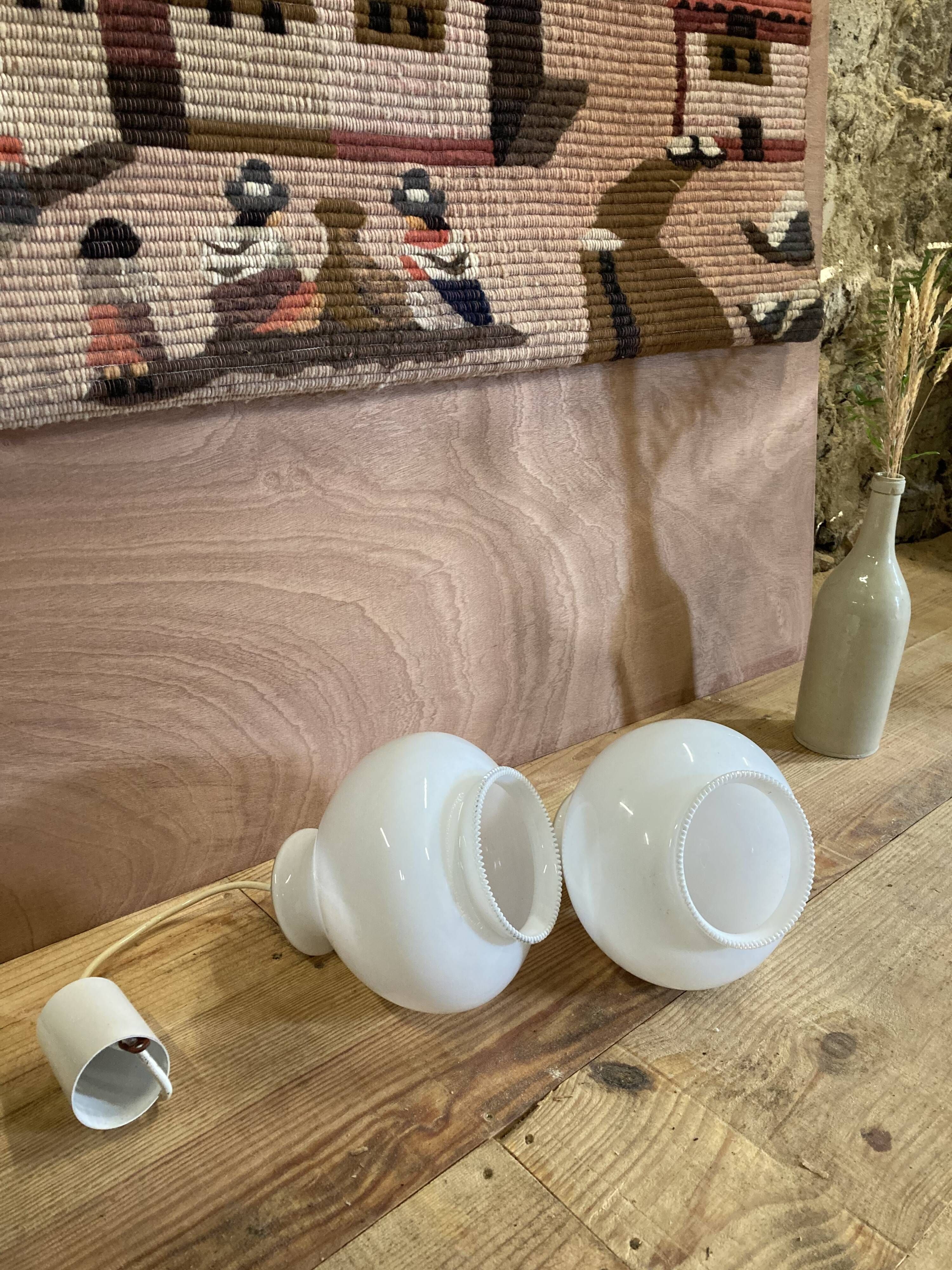 Pair of vintage white glass pendant lamp in the shape of a vintage globe