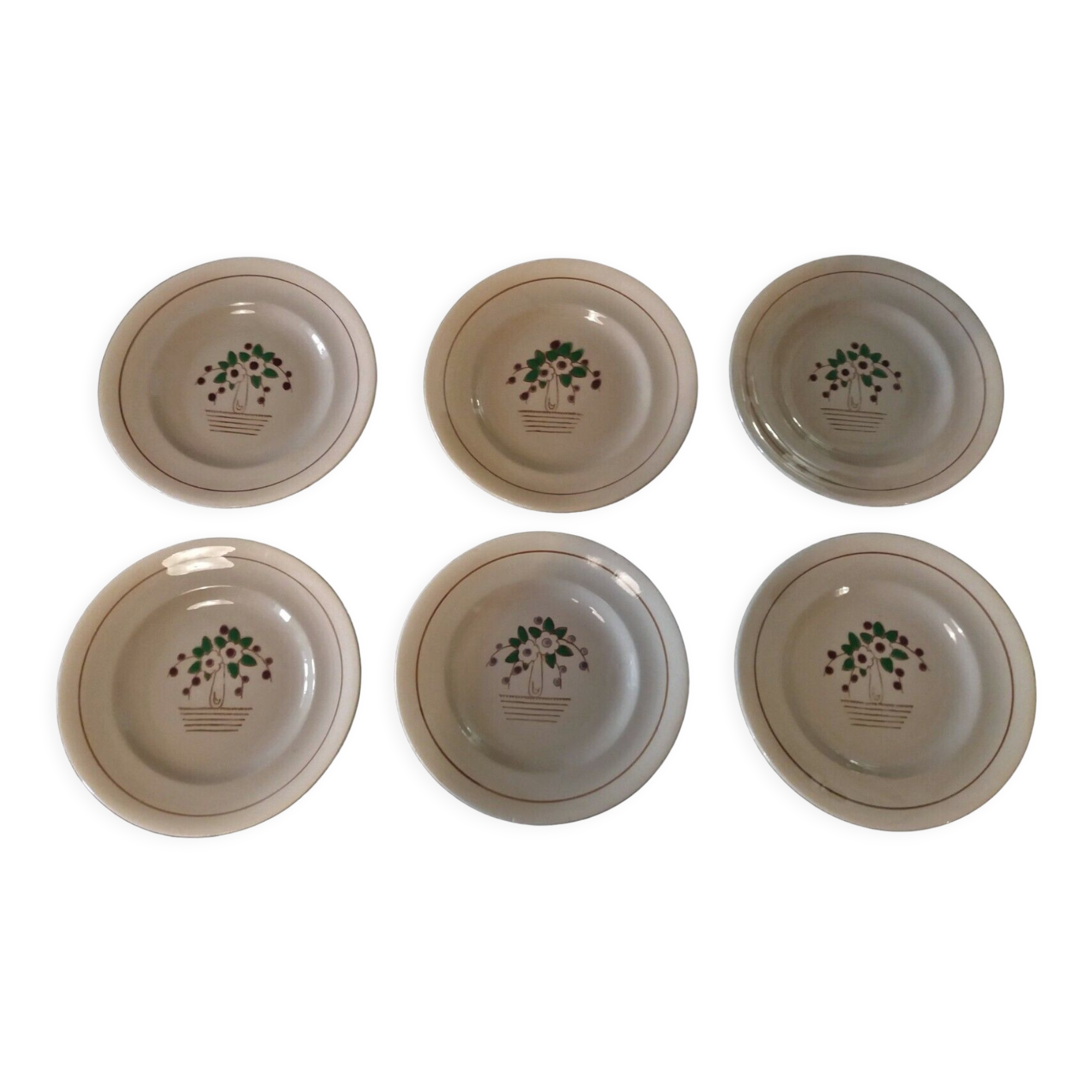 Série de six assiettes plates Longwy années 50 fleurs de cerisier
