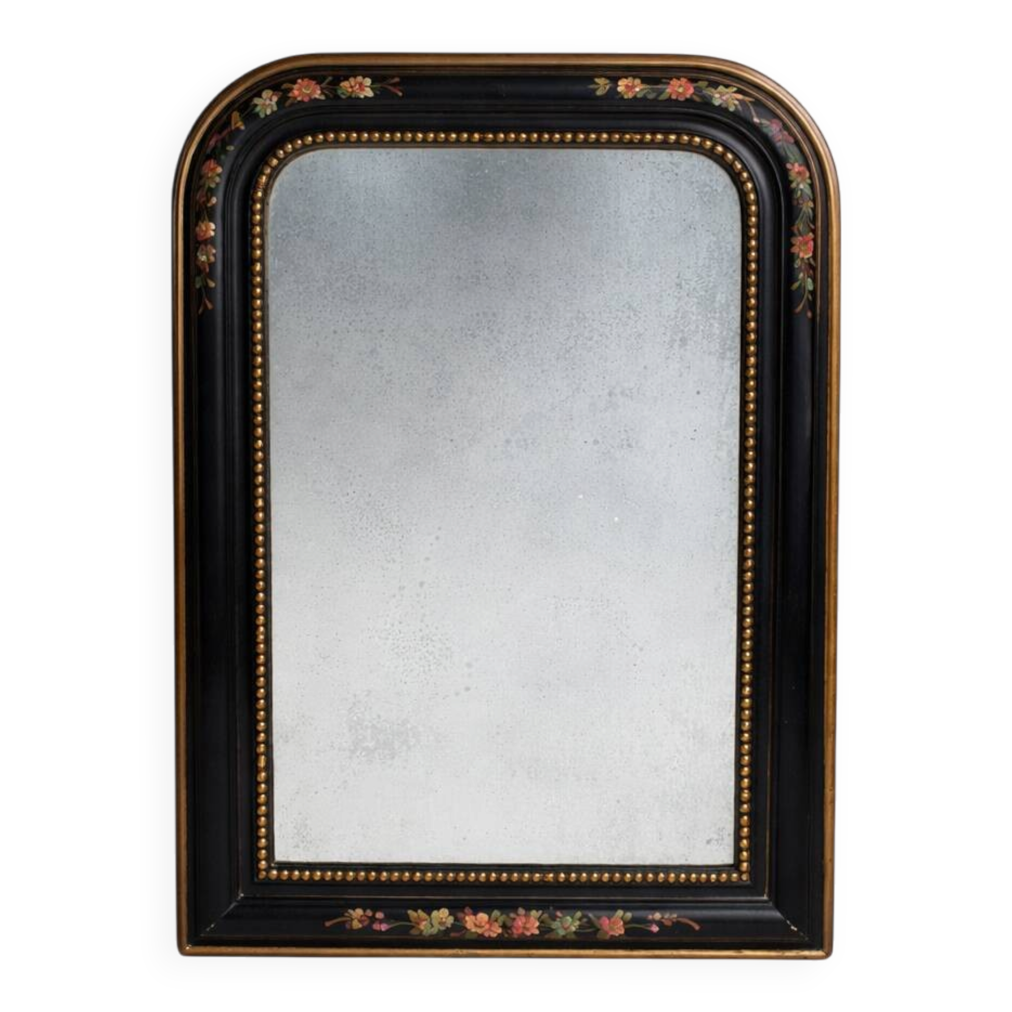 Antique Napoleon III mirror, black frame with hand-painted floral decoration – 19th century