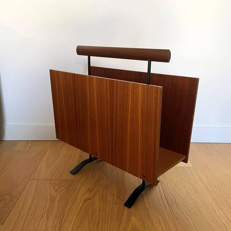 Vintage walnut and black OPAL magazine/vinyl rack