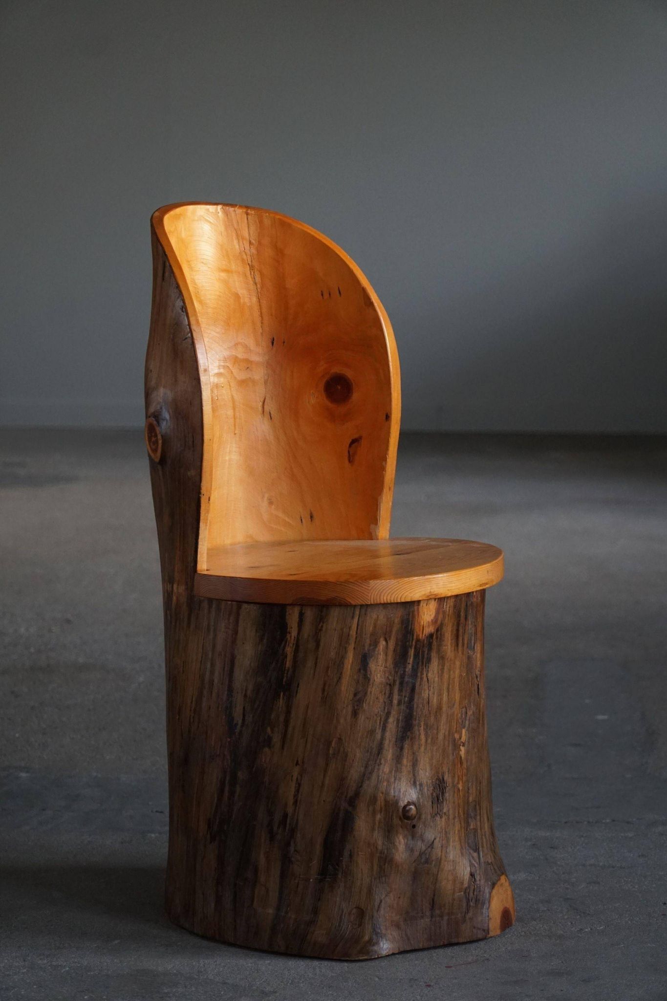 Modern primitive Swedish hand-carved pine stump chair, Wabi Sabi, 1960s