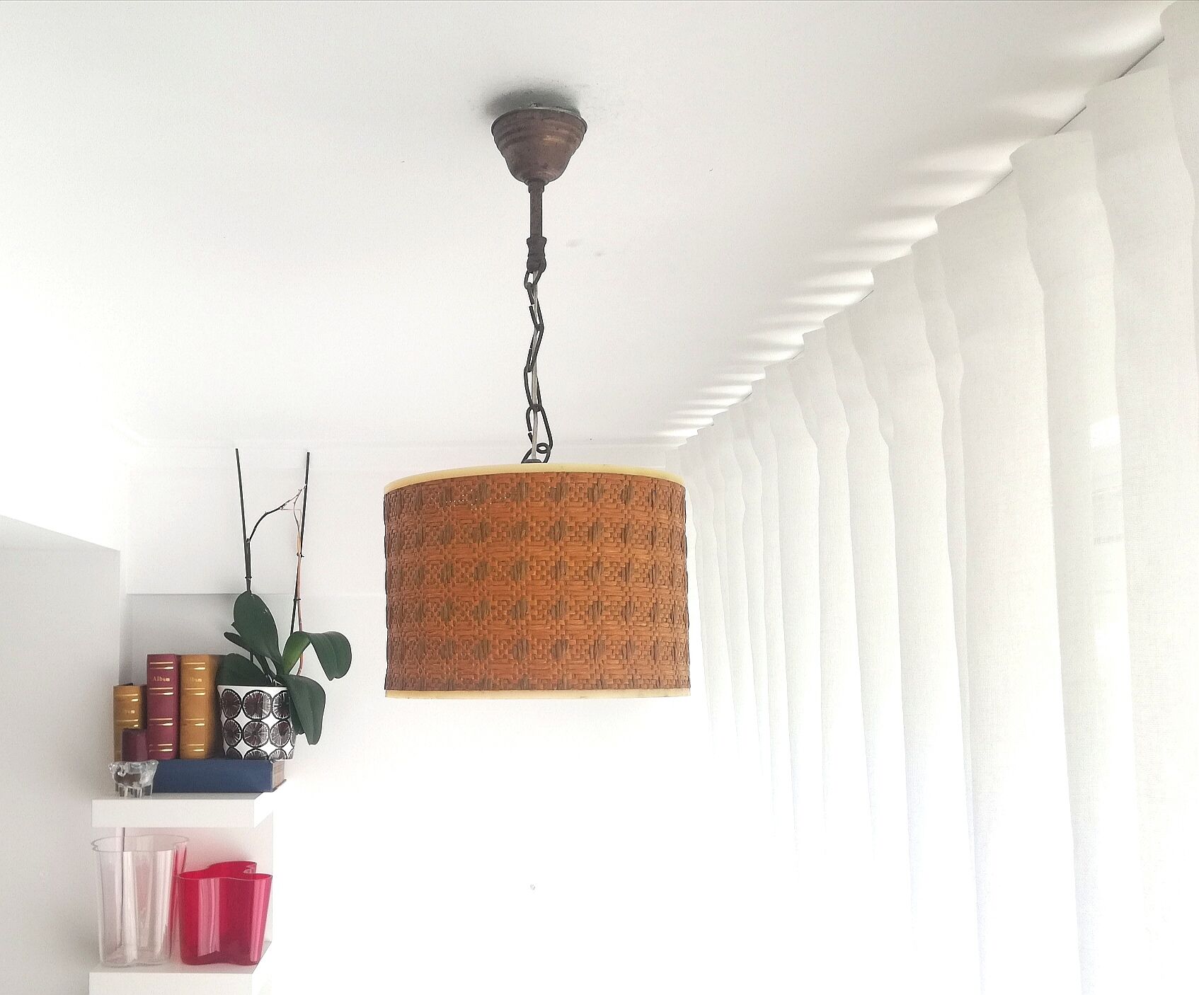 Orange Ceiling lamp vintage 70s made of straw