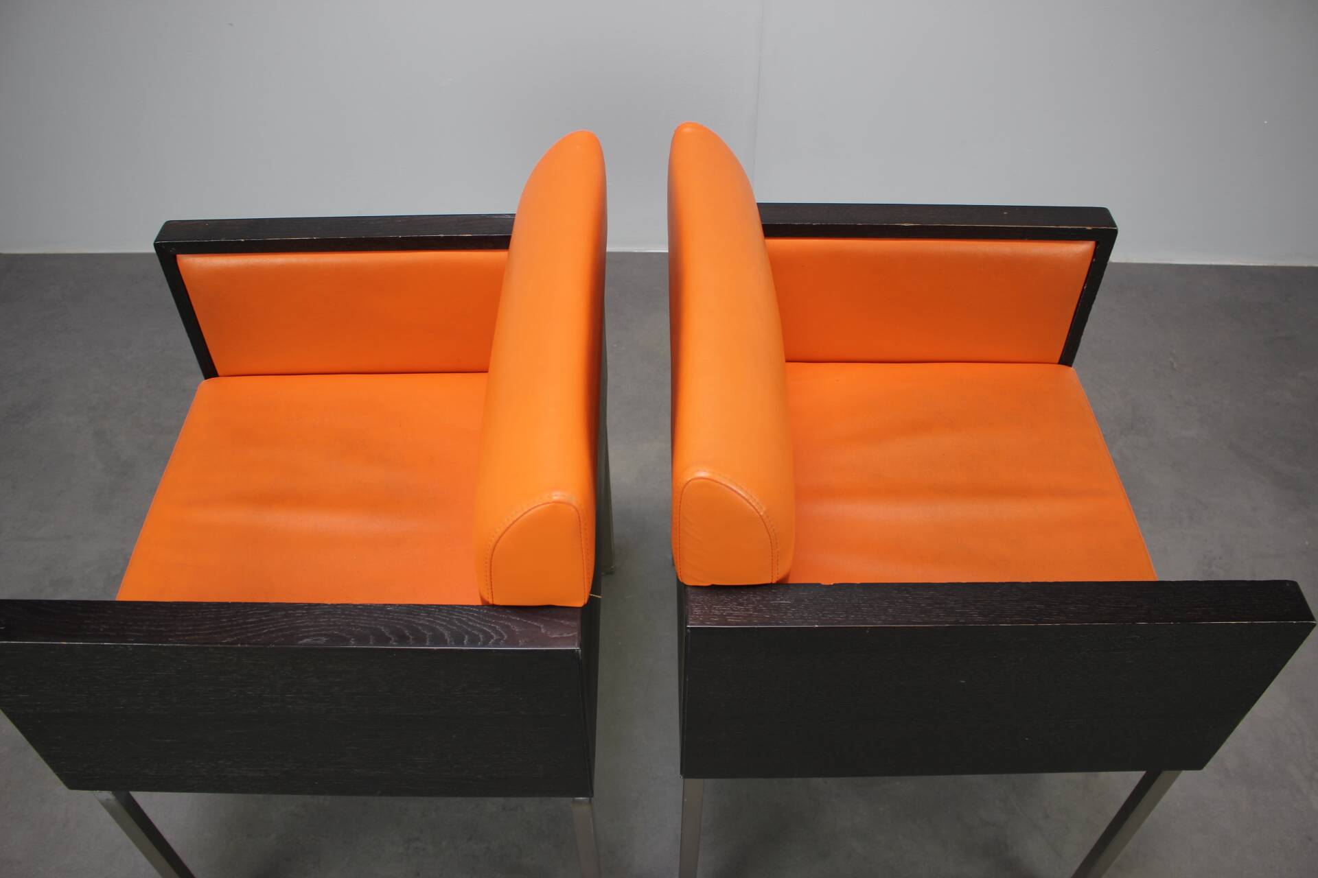 Pair of BOX 740 armchairs by Pedrali, Italy, Wenge Wood and Orange Fabric.
