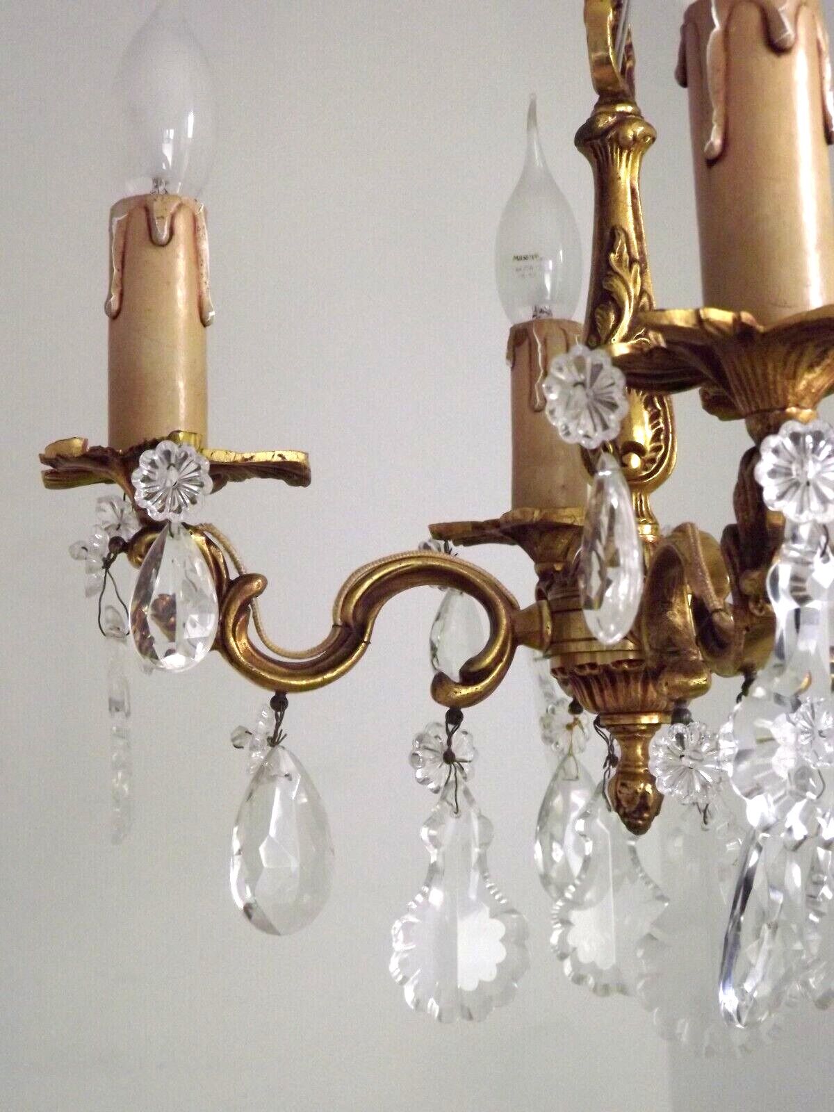 Vintage french brass 4 light chandelier assorted faceted crystal 4007