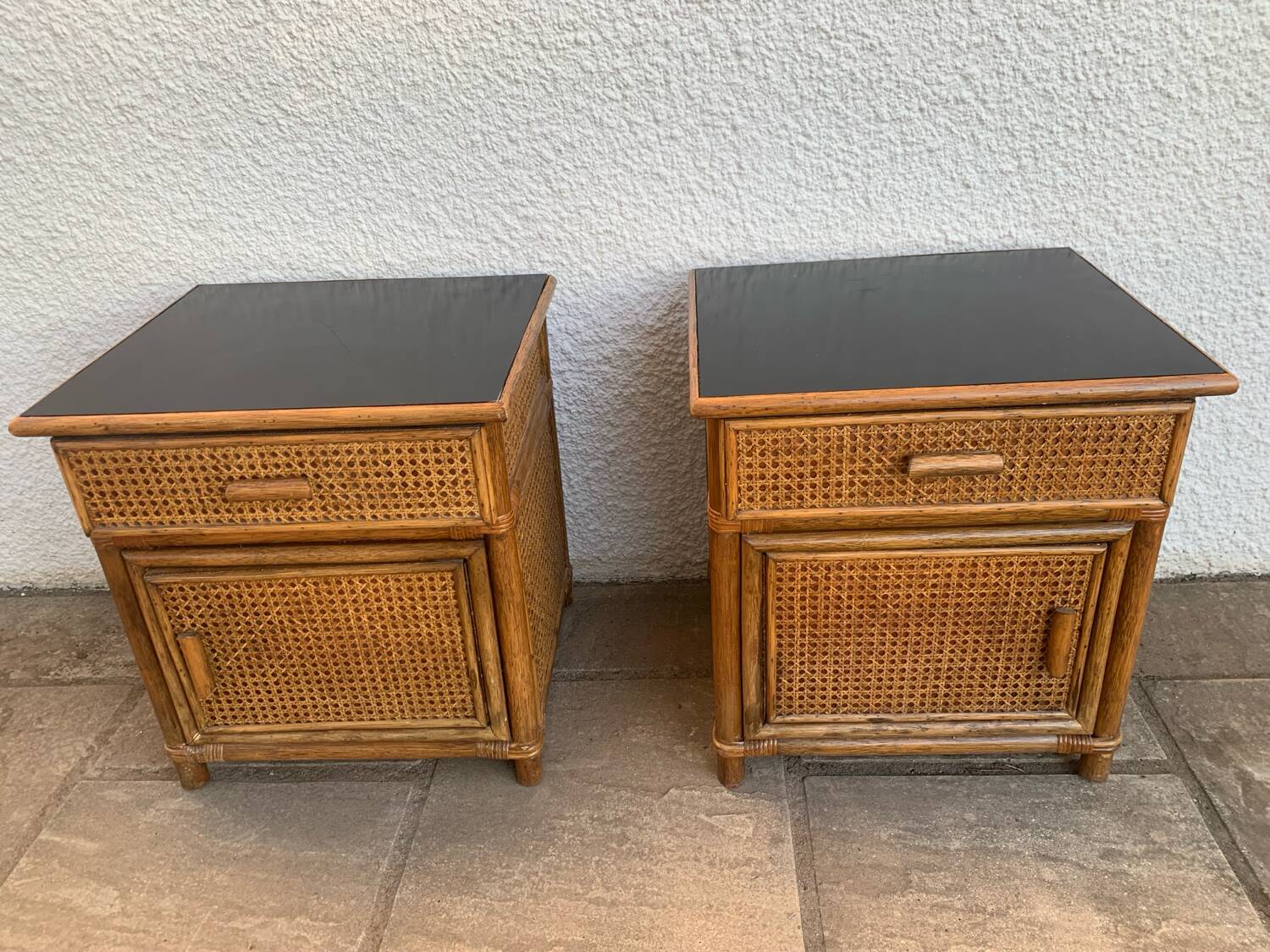 Pair of rattan bedside tables