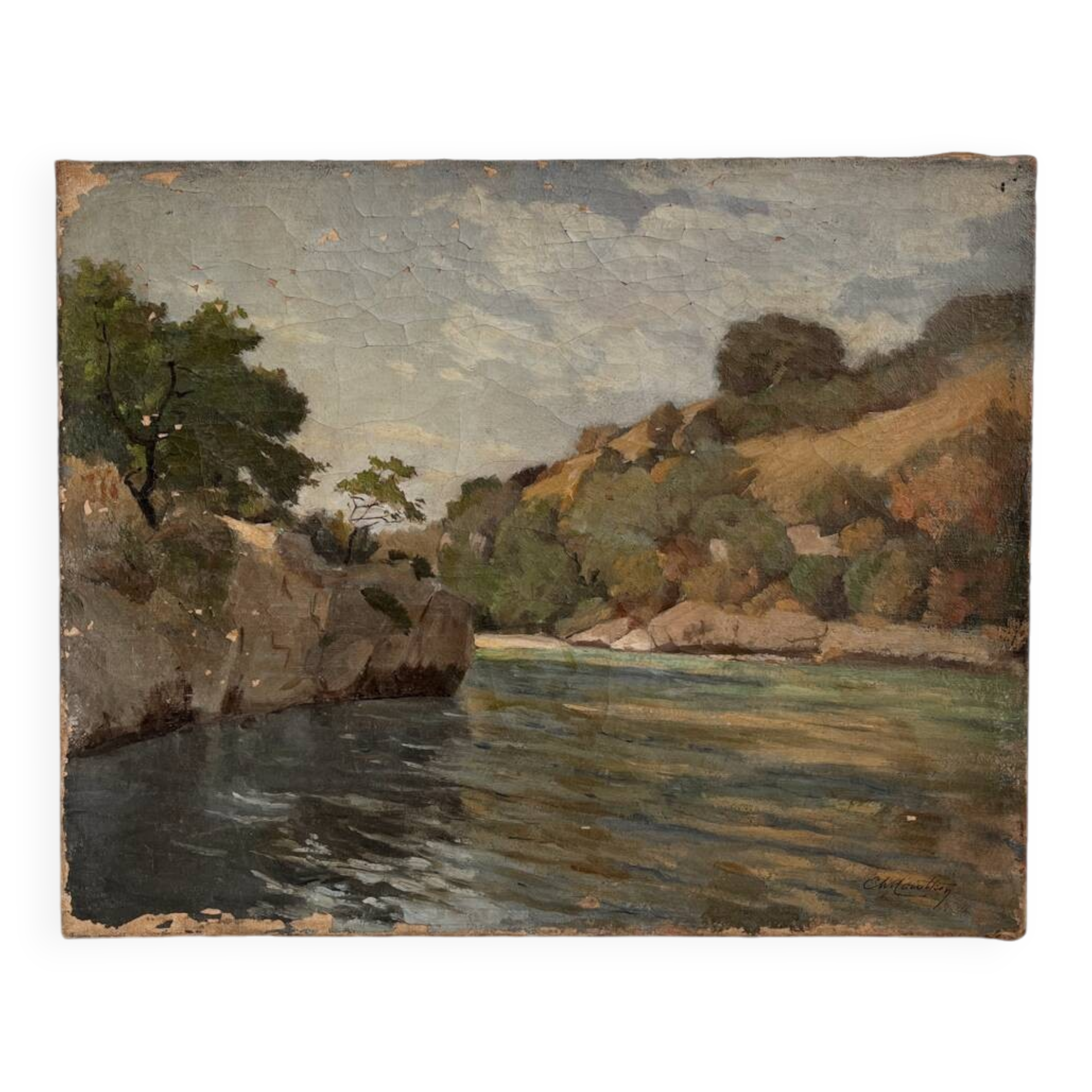 Old oil painting on canvas landscape signed Mouthon 19th century
