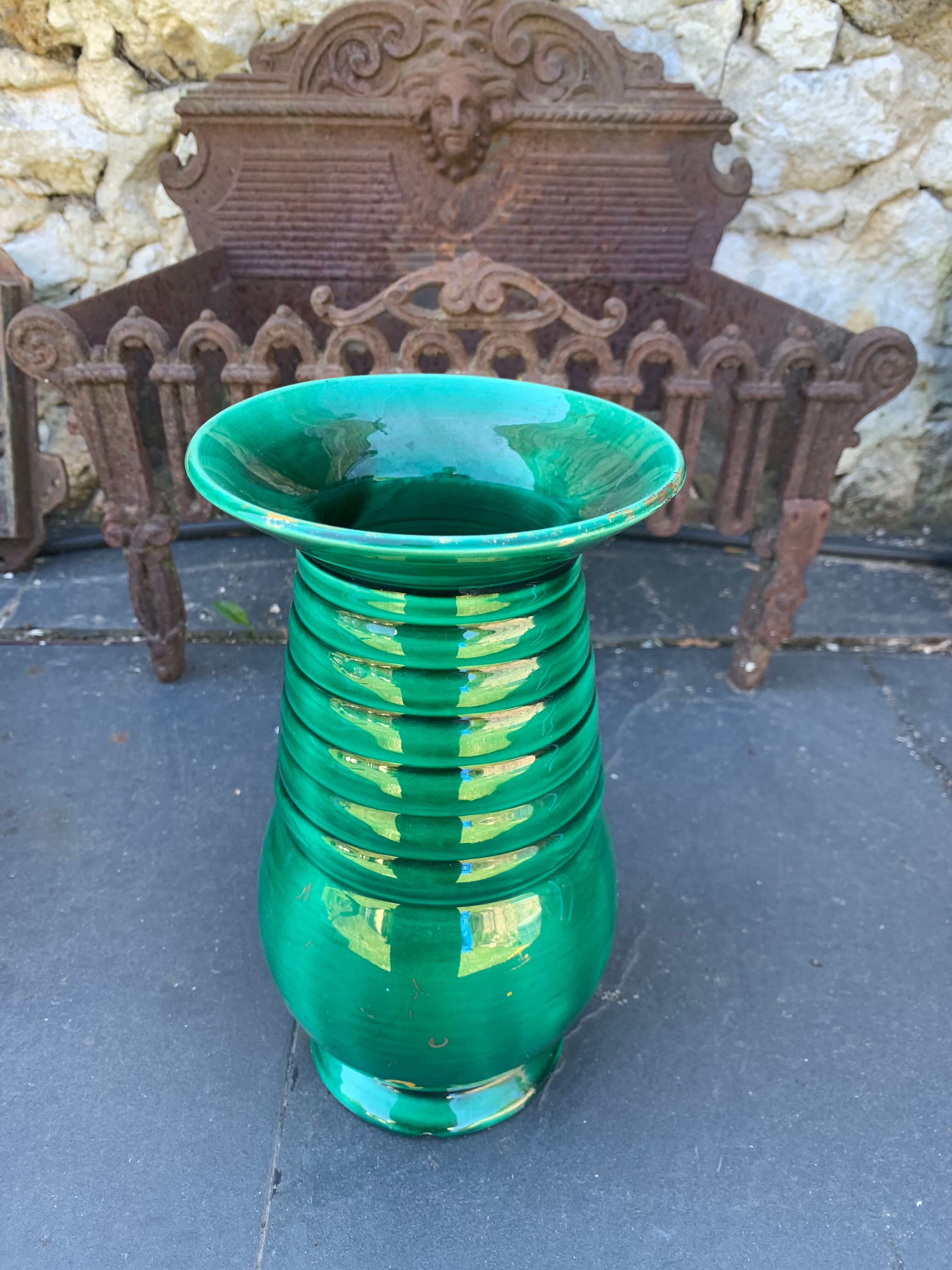 Ceramic vase enamelled green slurry style vallauris vintage 1950
