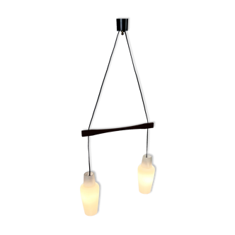 Danish Teak and White Glass Hanging Lamp, 1950s