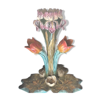 Centre de table aux 3 tulipes en barbotine N°38, faience d’Onnaing France XIXeme, art nouveau