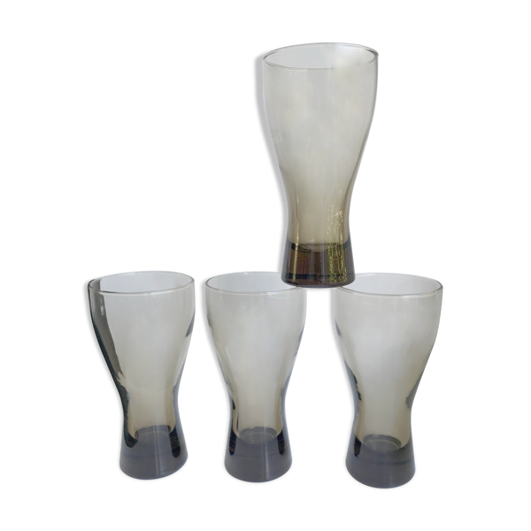 Lot de 4 verres en verre fumé et fond épais années 70
