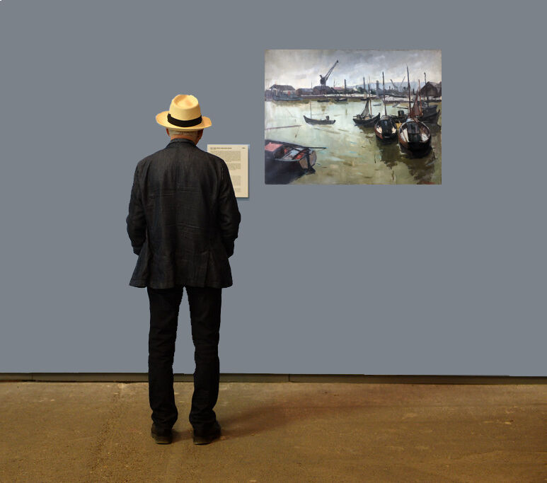 Painting Piet VOLCKAERT (1902-1973) HST Docked boats with urban marine crane