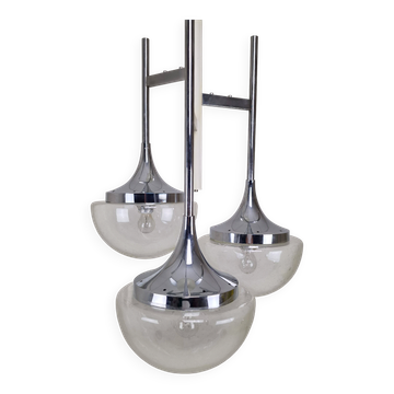 Italian 3-Light Cascade Chandelier in Chrome and Hand-Blown Pulegoso Glass