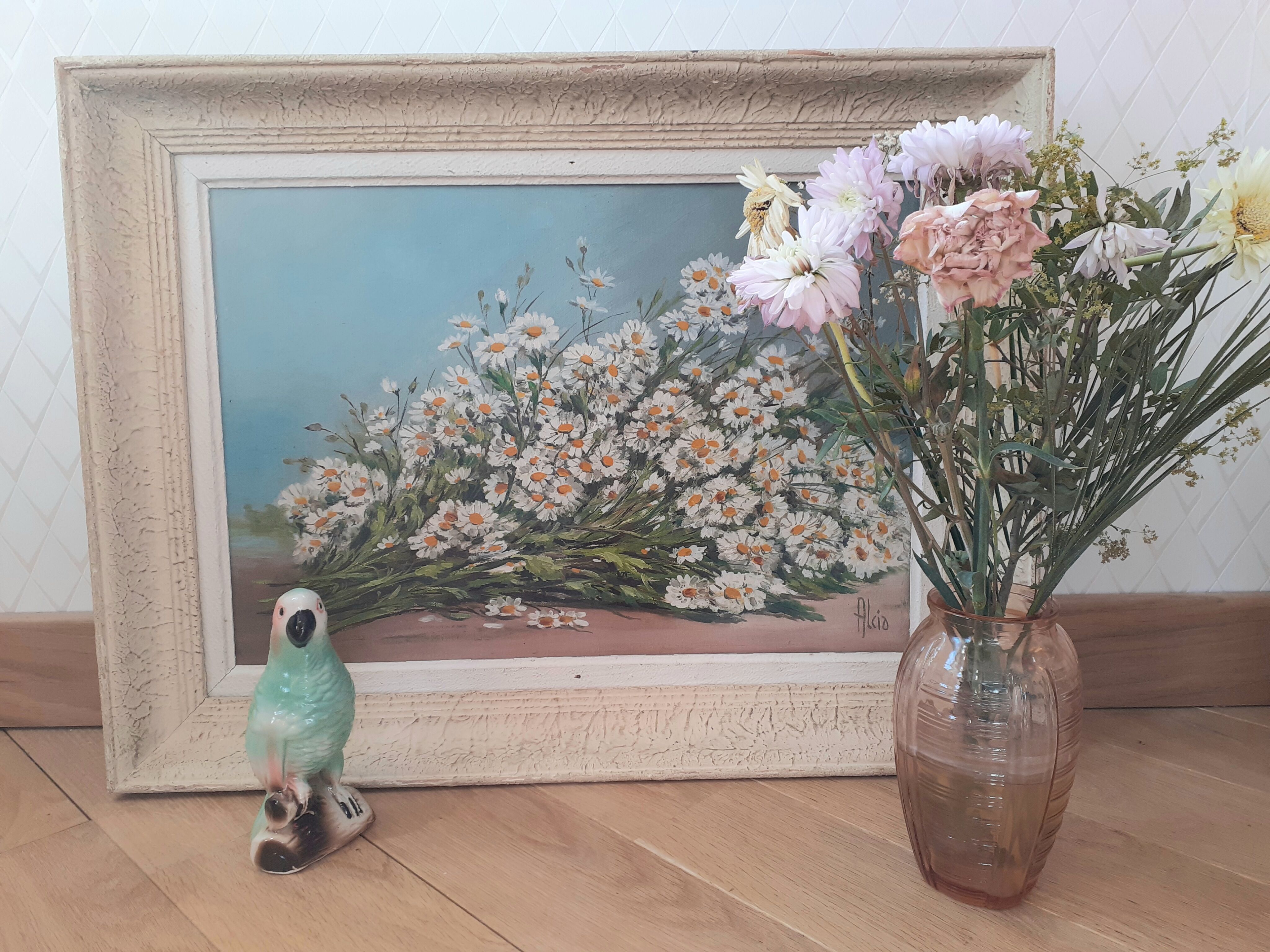 Vintage still life painting with daisies