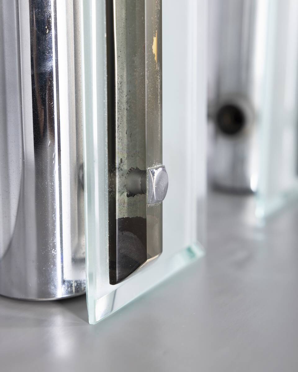 Pair of vintage 1960s metal and glass wall lamps, Italian design