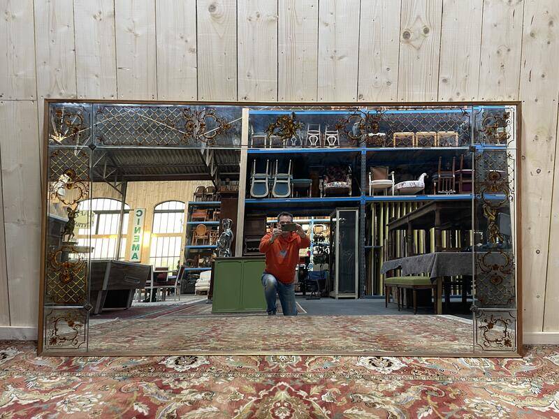Miroir de bistrot ou de brasserie vénitien Art Nouveau en verre églomisé