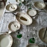 Round off-white tablecloth embroidered with grey flowers with 8 matching napkins - festive table