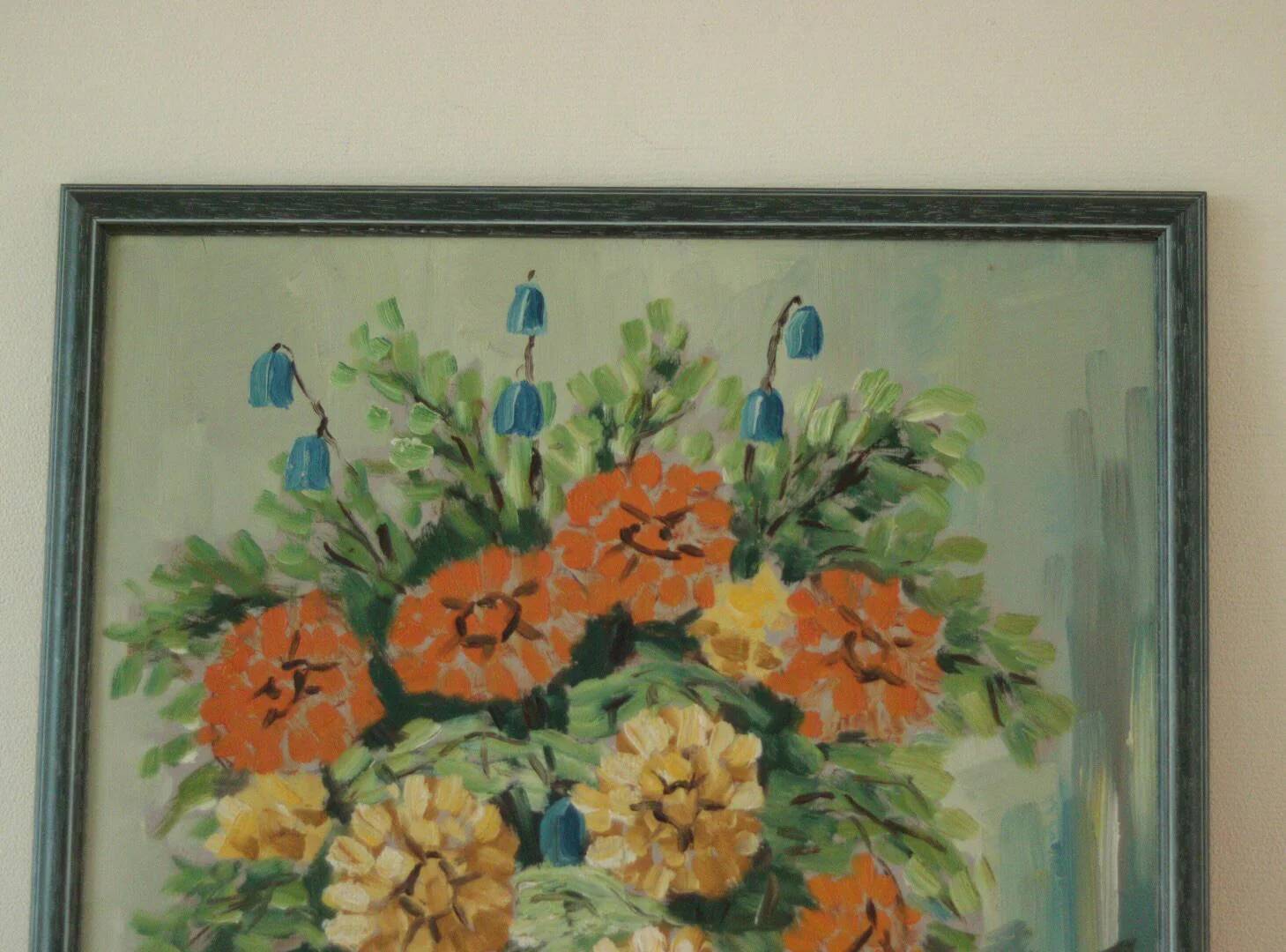 Original vintage oil on panel painting "Flowers in vase"