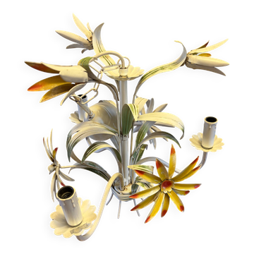 Lustre floral vintage en tôle peinte – 3 feux – années 70