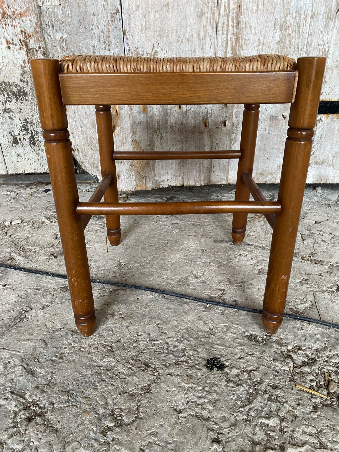 Vintage Wooden Stool with Woven Seat #D502