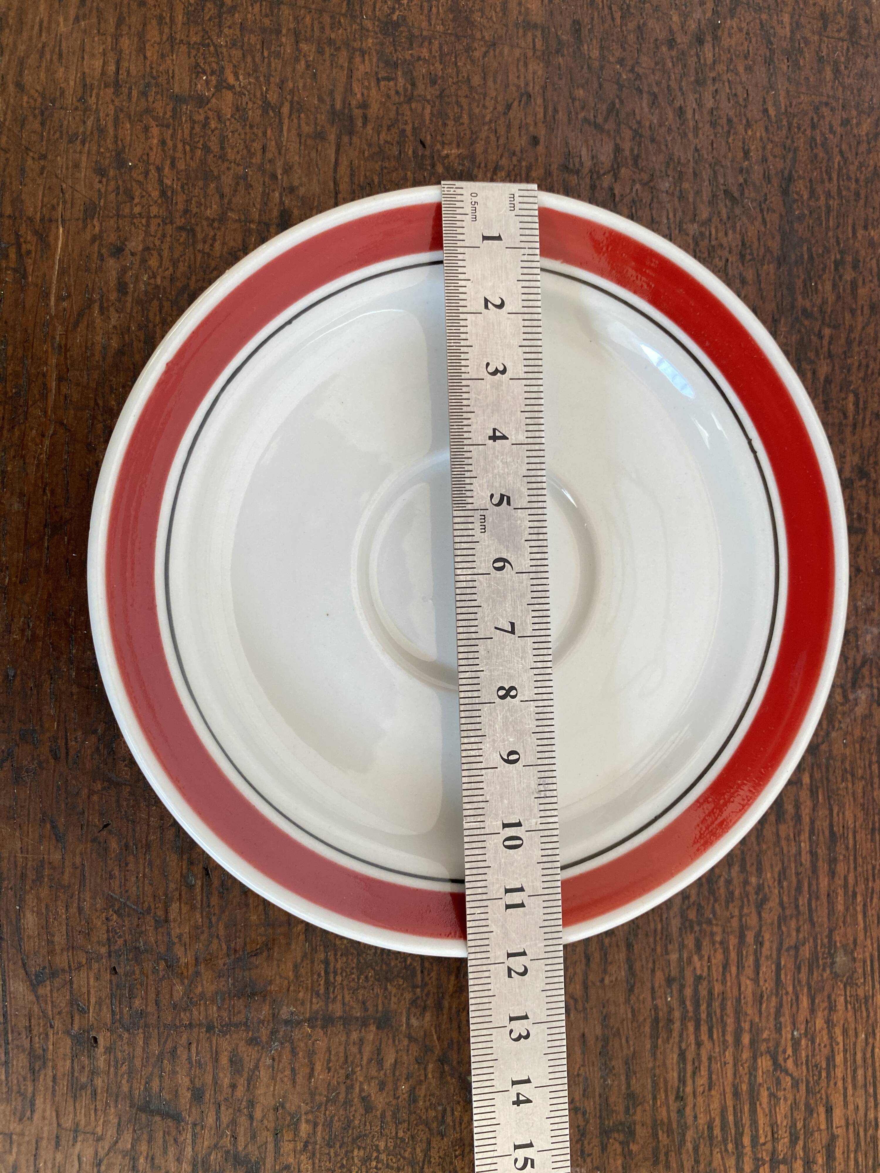2 coffee cups and bistro saucers, Sarreguemines, vintage Red Band